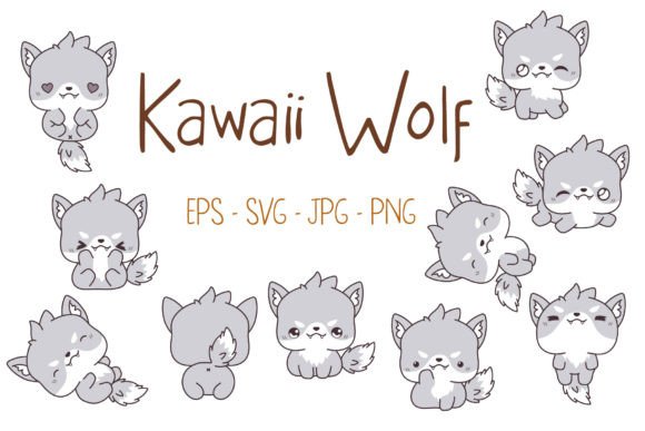 Kawaii Baby Wolf Set Illustrations & Graphics