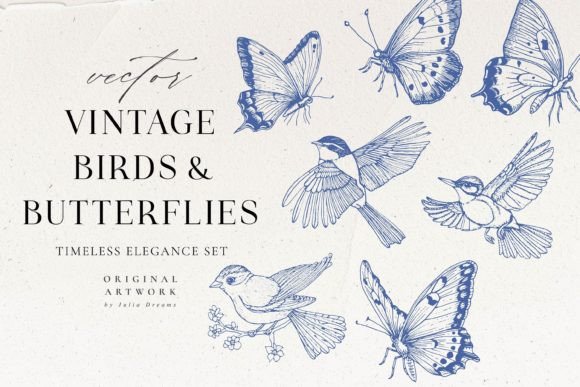 Vintage Bird & Butterfly Graphics and Illustrations